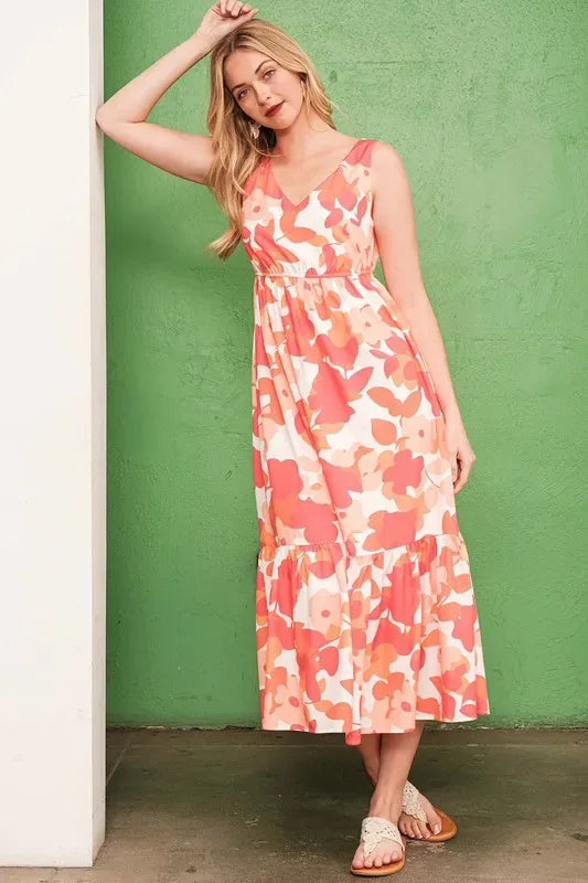 Floral Print V-Neck Midi Dress - Billien