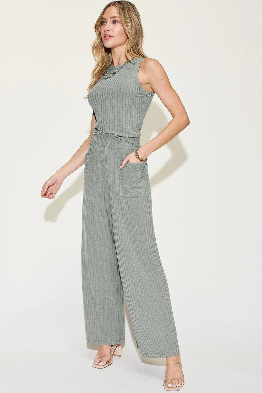 Basic Bae Full Size Ribbed Tank and Wide Leg Pants Set - Billien