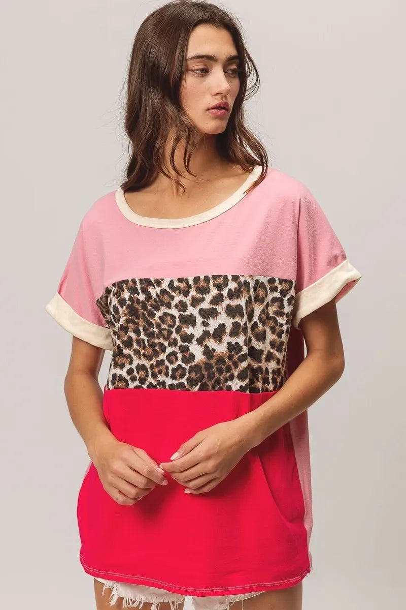 Leopard Printed Jersey Color Block Roll Up - Billien