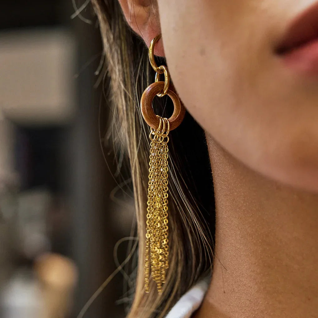 18K gold lightweight luxury and high-end wooden tassel earrings - Billien