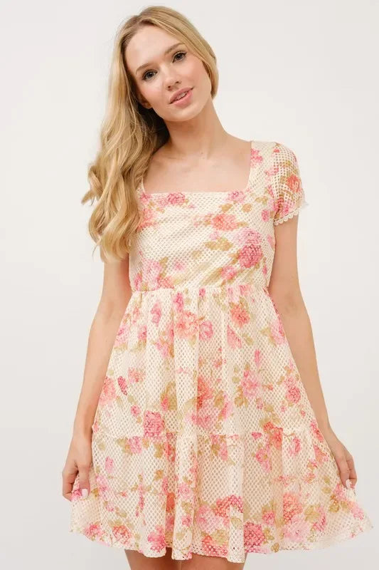 Square Neck Tiered Floral Fishnet Dress - Billien