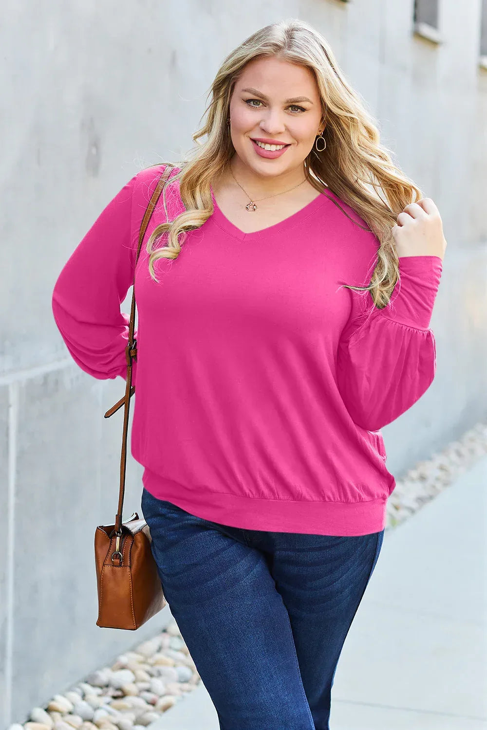 Full Size V-Neck Lantern Sleeve Top - Billien