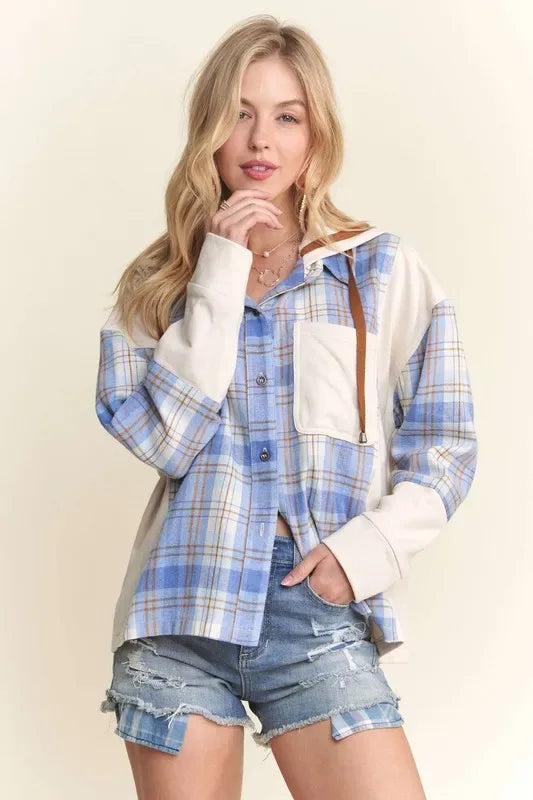 Button Down Plaid Hoodie Shacket - Billien