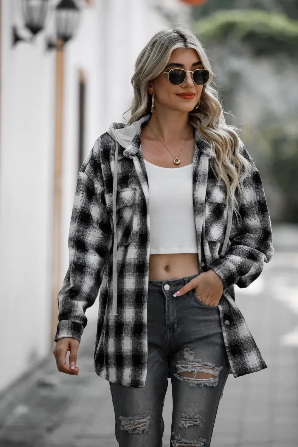 Drawstring Plaid Long Sleeve Hooded Shacket - Billien