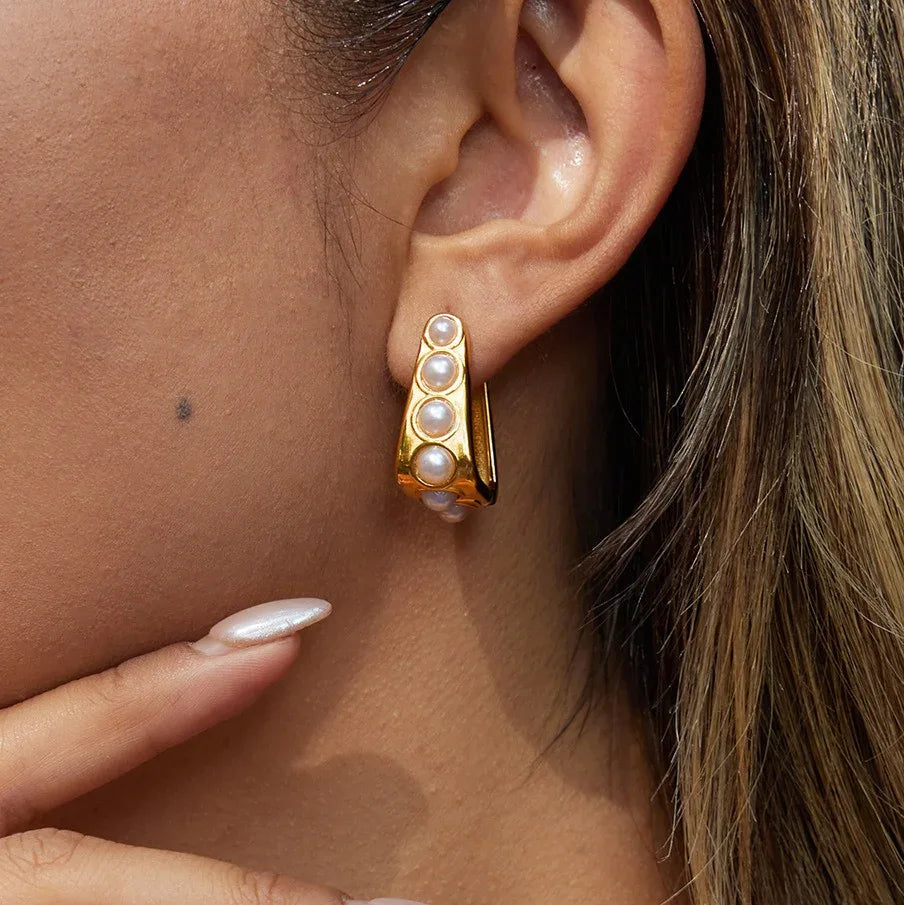 18K gold lightweight luxury earrings with embedded pearls. - Billien