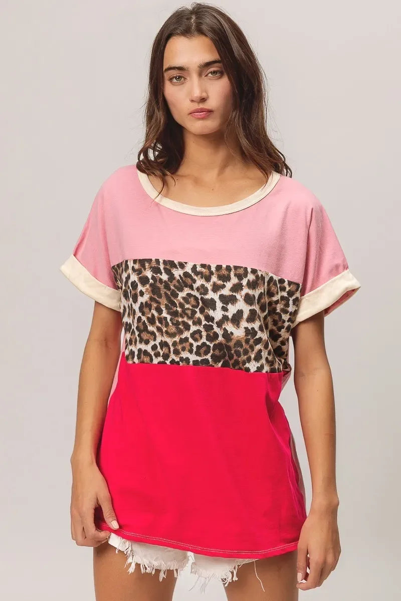 Leopard Printed Jersey Color Block Roll Up - Billien