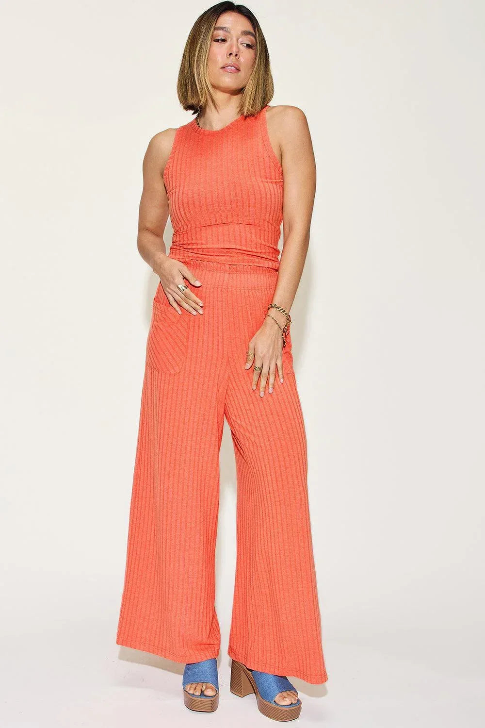 Basic Bae Full Size Ribbed Tank and Wide Leg Pants Set - Billien