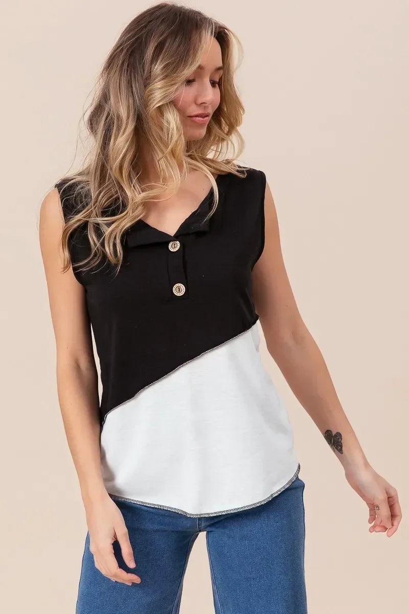 Color Block Contrast Stitching Buttoned Henley Top - Billien