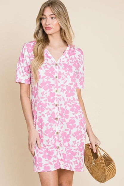 Floral V Neck Button Down Dress With Pocketed - Billien