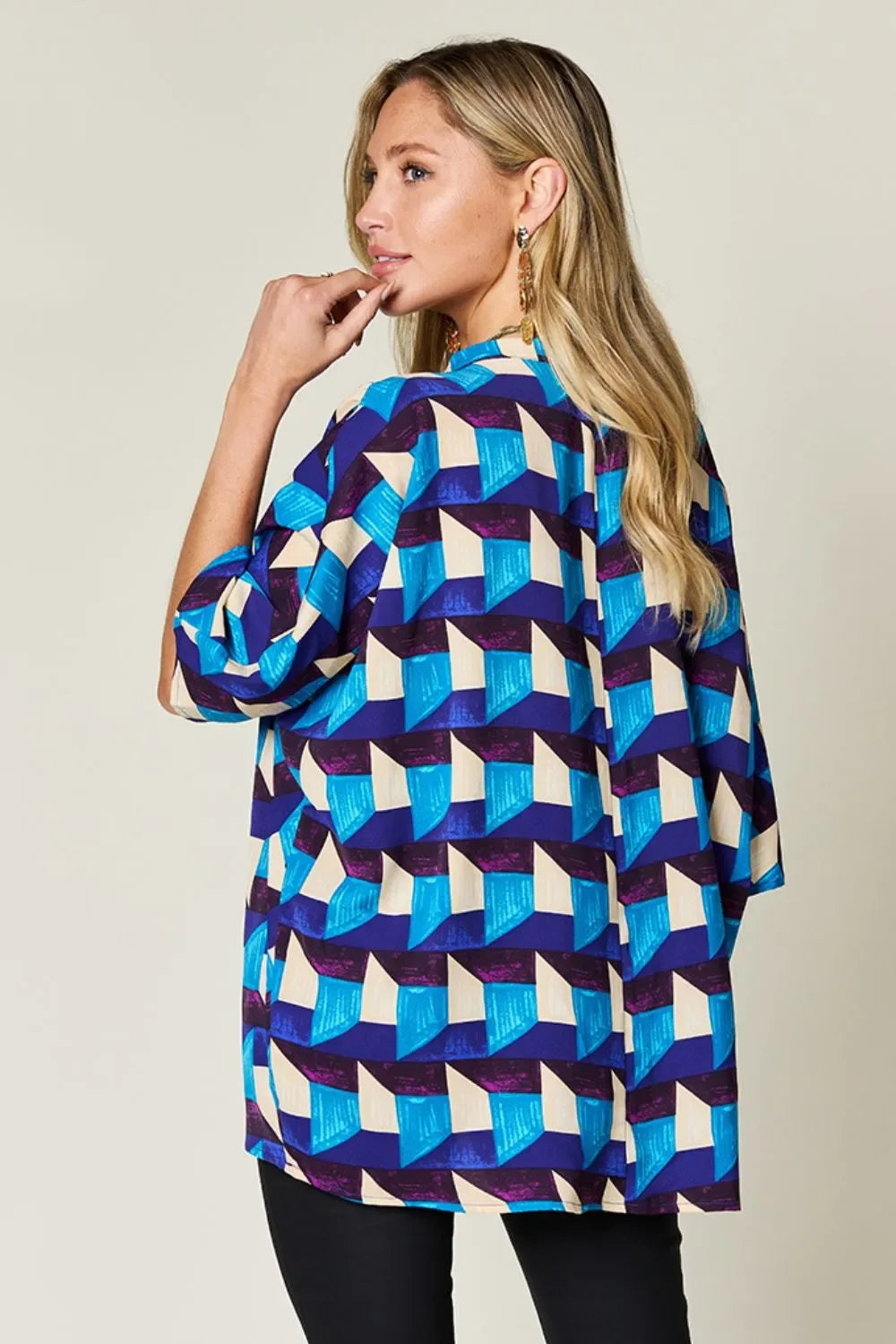 Full Size Geometric Notched Half Sleeve Blouse - Billien