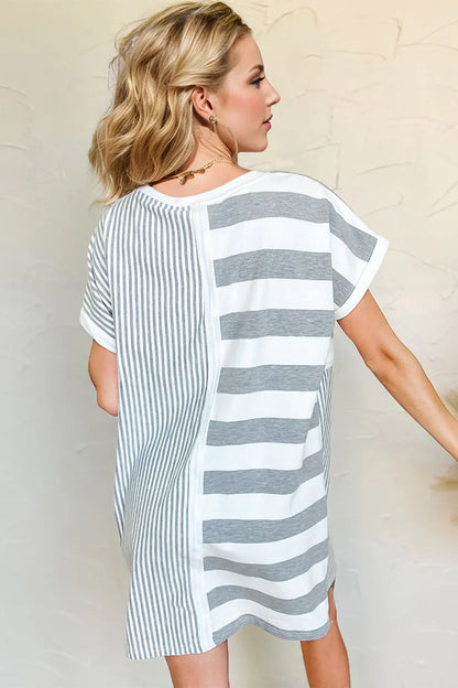 Striped Round Neck Short Sleeve Mini Tee Dress - Billien
