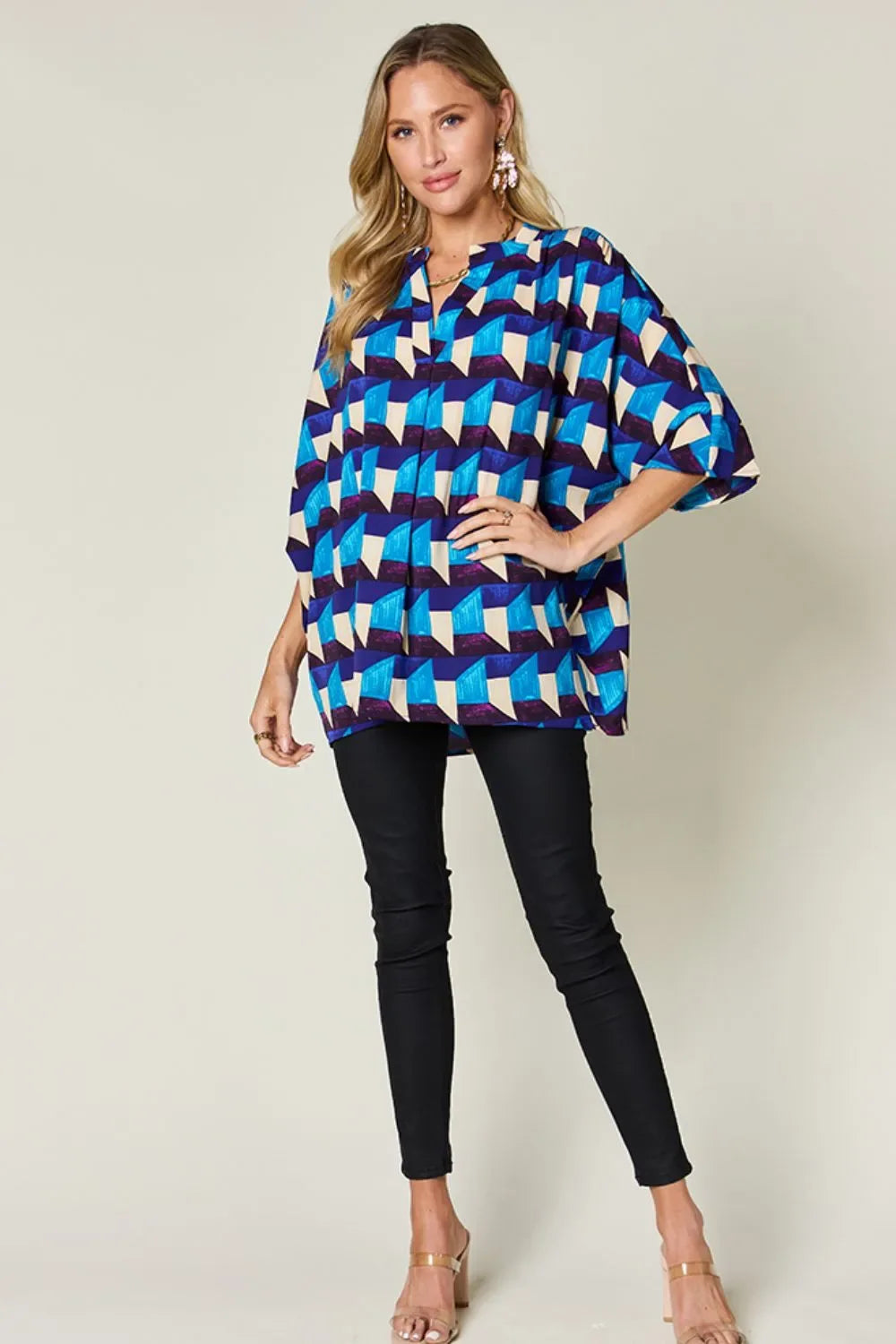 Full Size Geometric Notched Half Sleeve Blouse - Billien