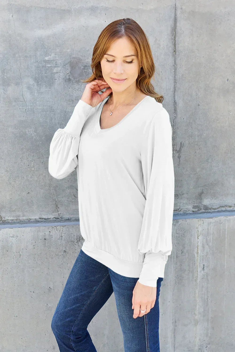 Full Size V-Neck Lantern Sleeve Top - Billien