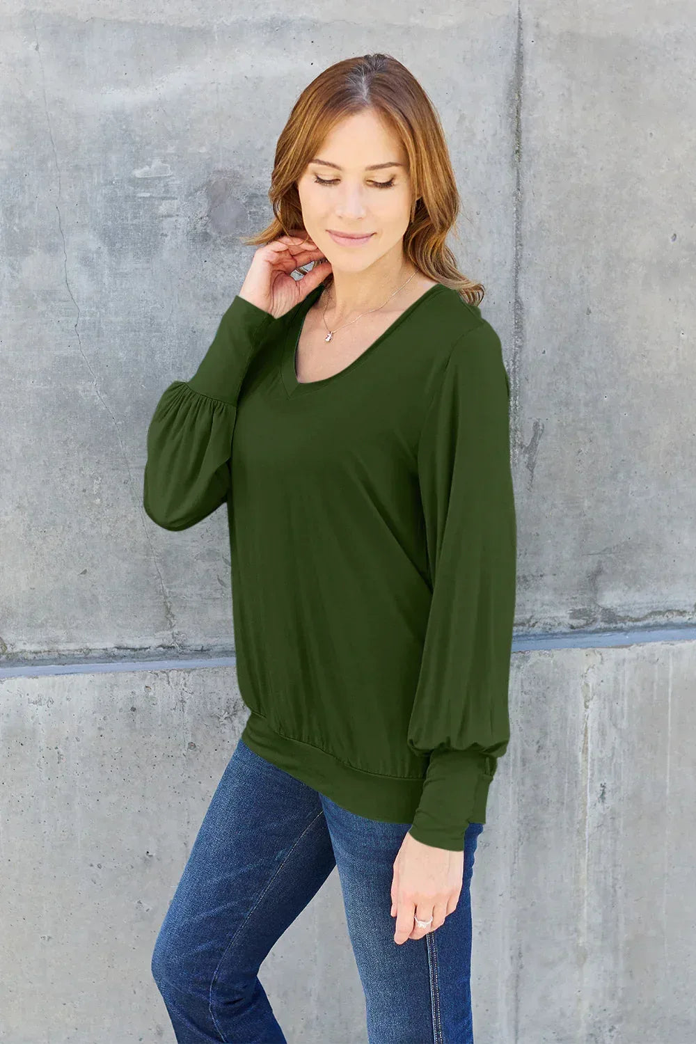 Full Size V-Neck Lantern Sleeve Top - Billien