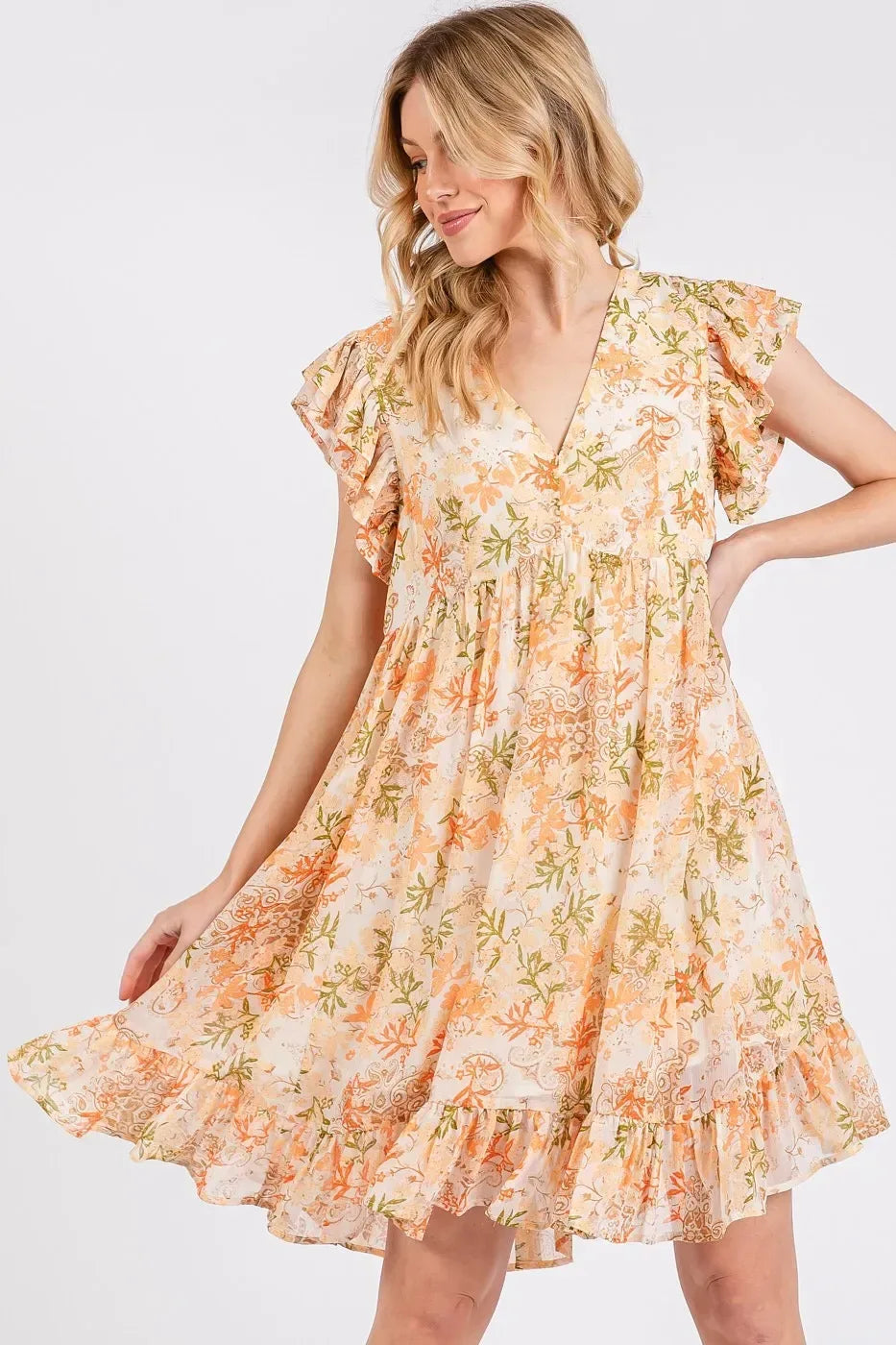 Floral Chiffon Ruffle Short Sleeve Mini Dress - Billien