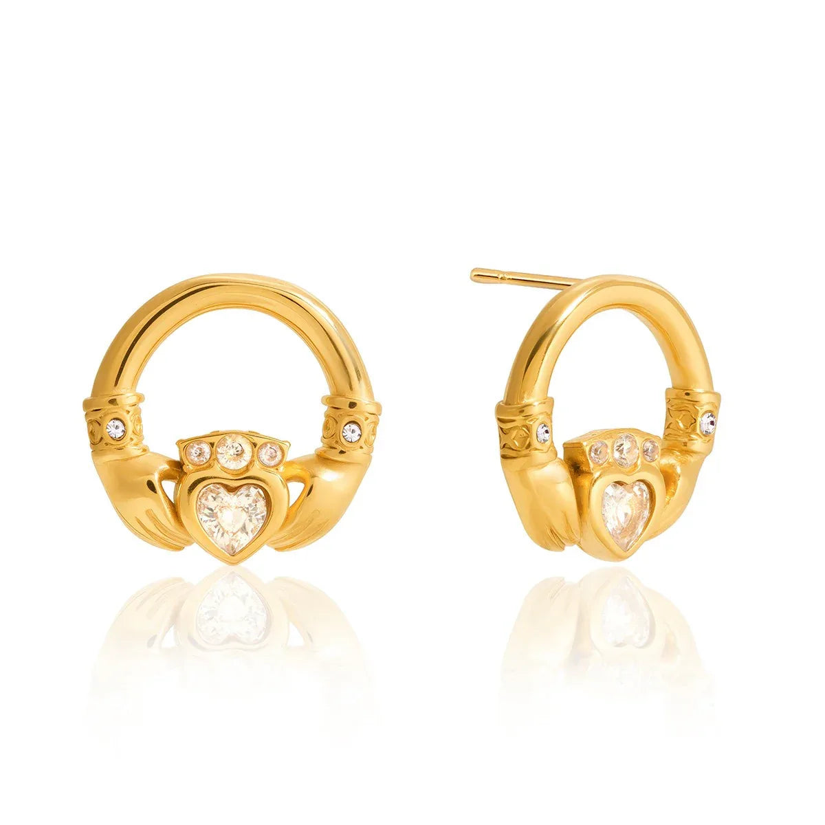 18K gold-plated friendship hand design titanium steel stud earrings with cubic zirconia. - Billien