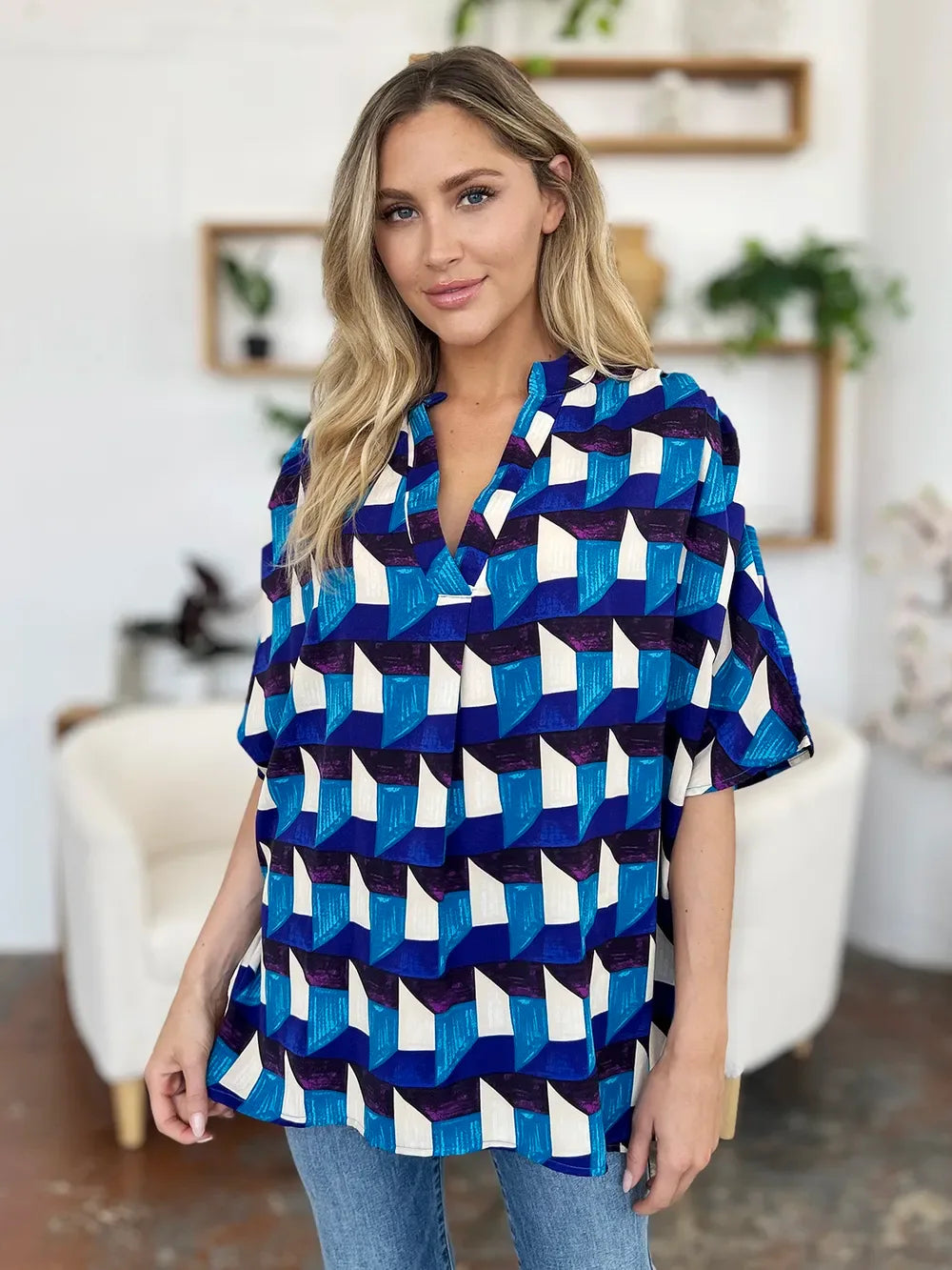 Full Size Geometric Notched Half Sleeve Blouse - Billien