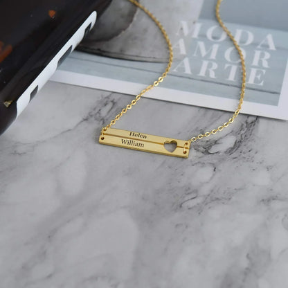 Custom Double Layer Bar Heart Name Necklace - Billien