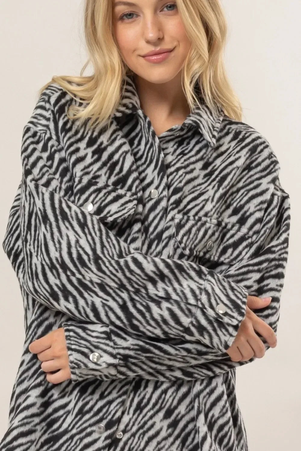 Zebra Print Snap Down Long Sleeve Shacket - Billien