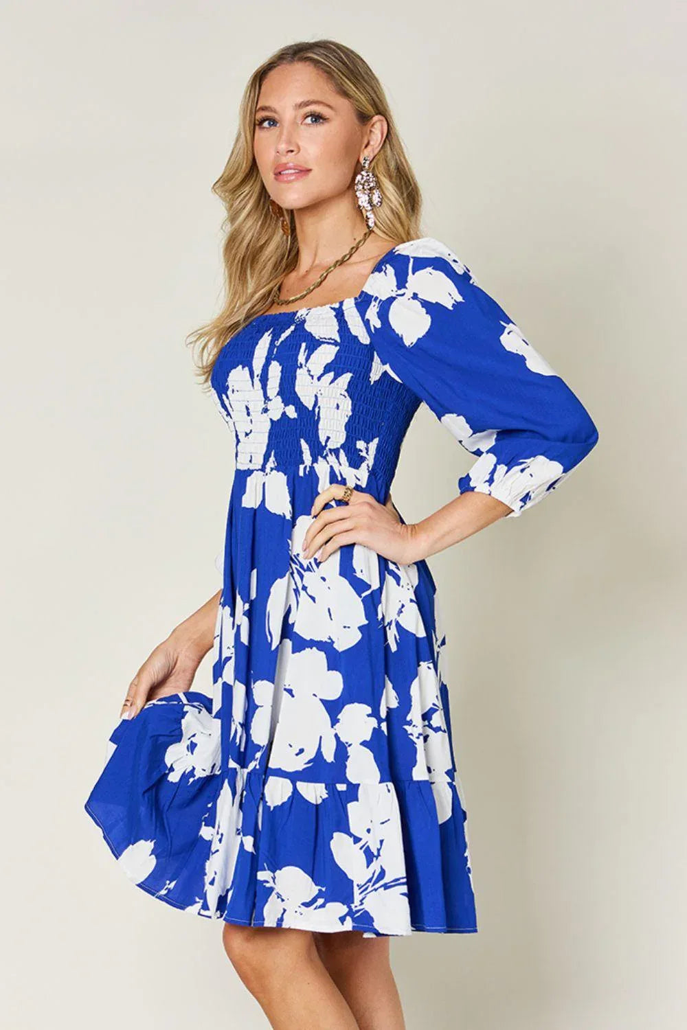 Floral Ruffle Hem Smocked Dress with Pockets - Billien