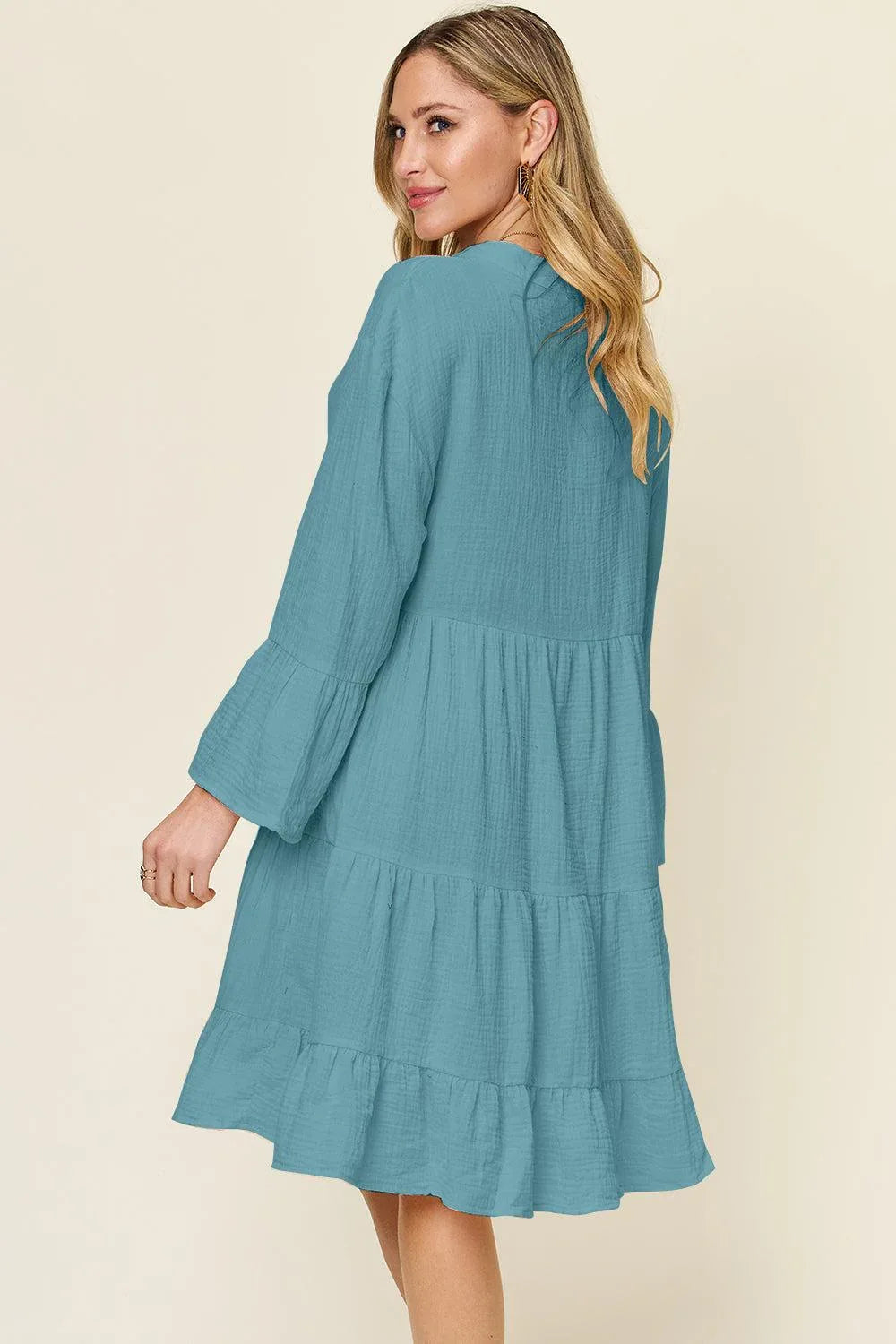 Texture Button Up Ruffle Hem Dress - Billien