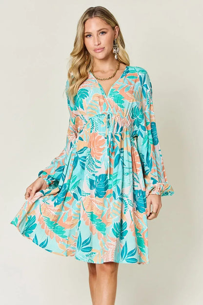 Full Size Printed V-Neck Drawstring Dress - Billien