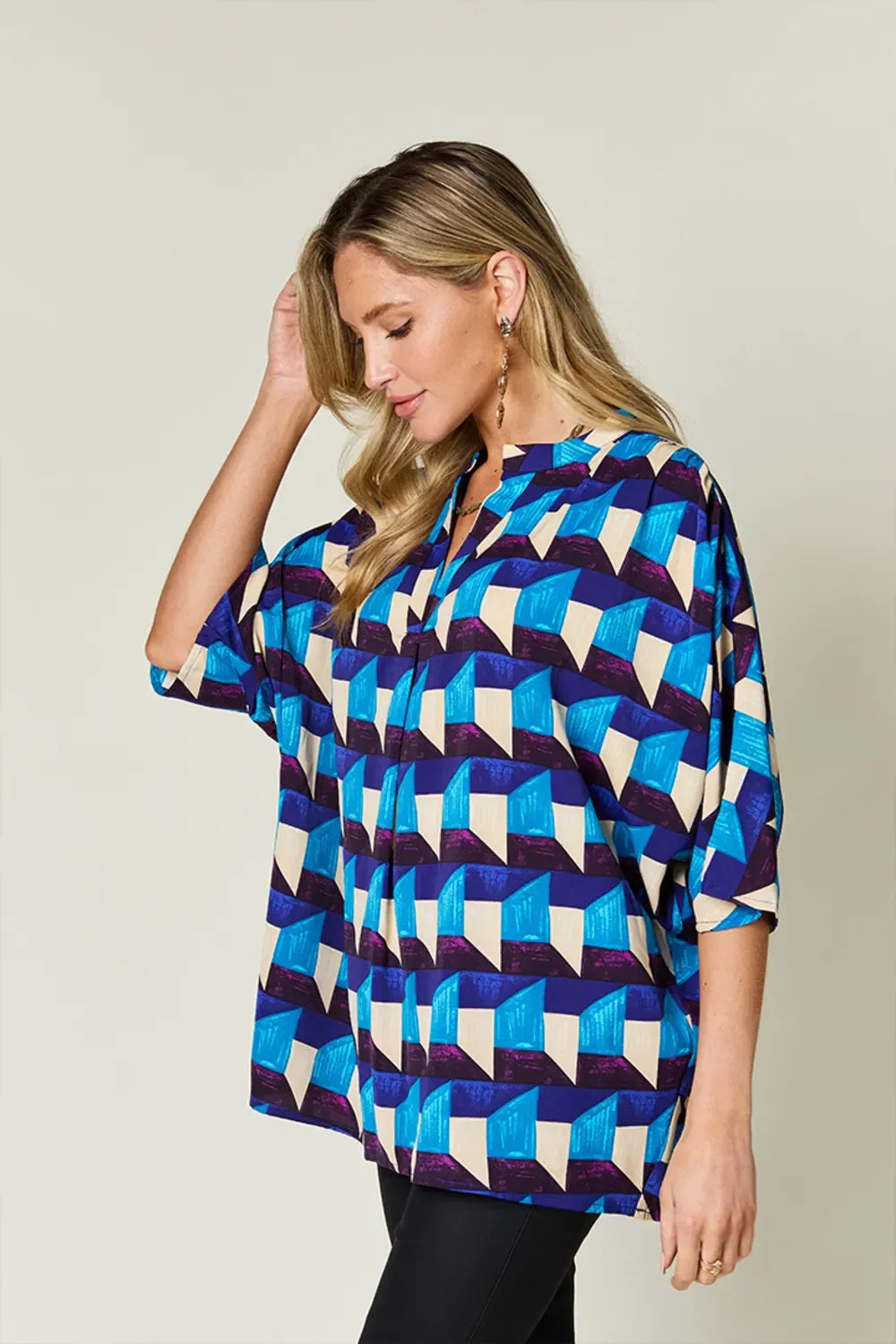 Full Size Geometric Notched Half Sleeve Blouse - Billien