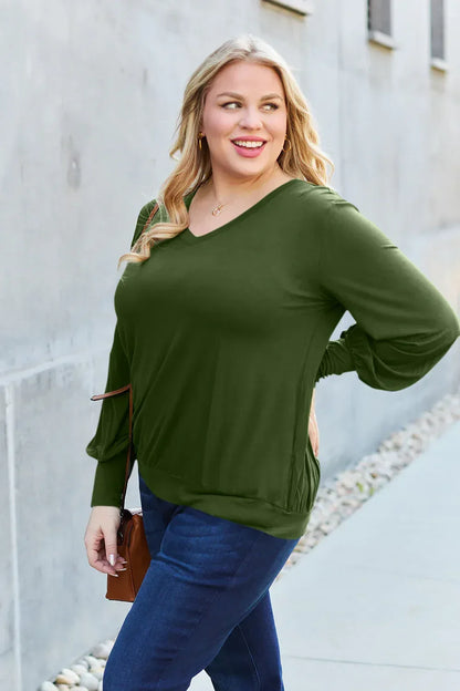 Full Size V-Neck Lantern Sleeve Top - Billien