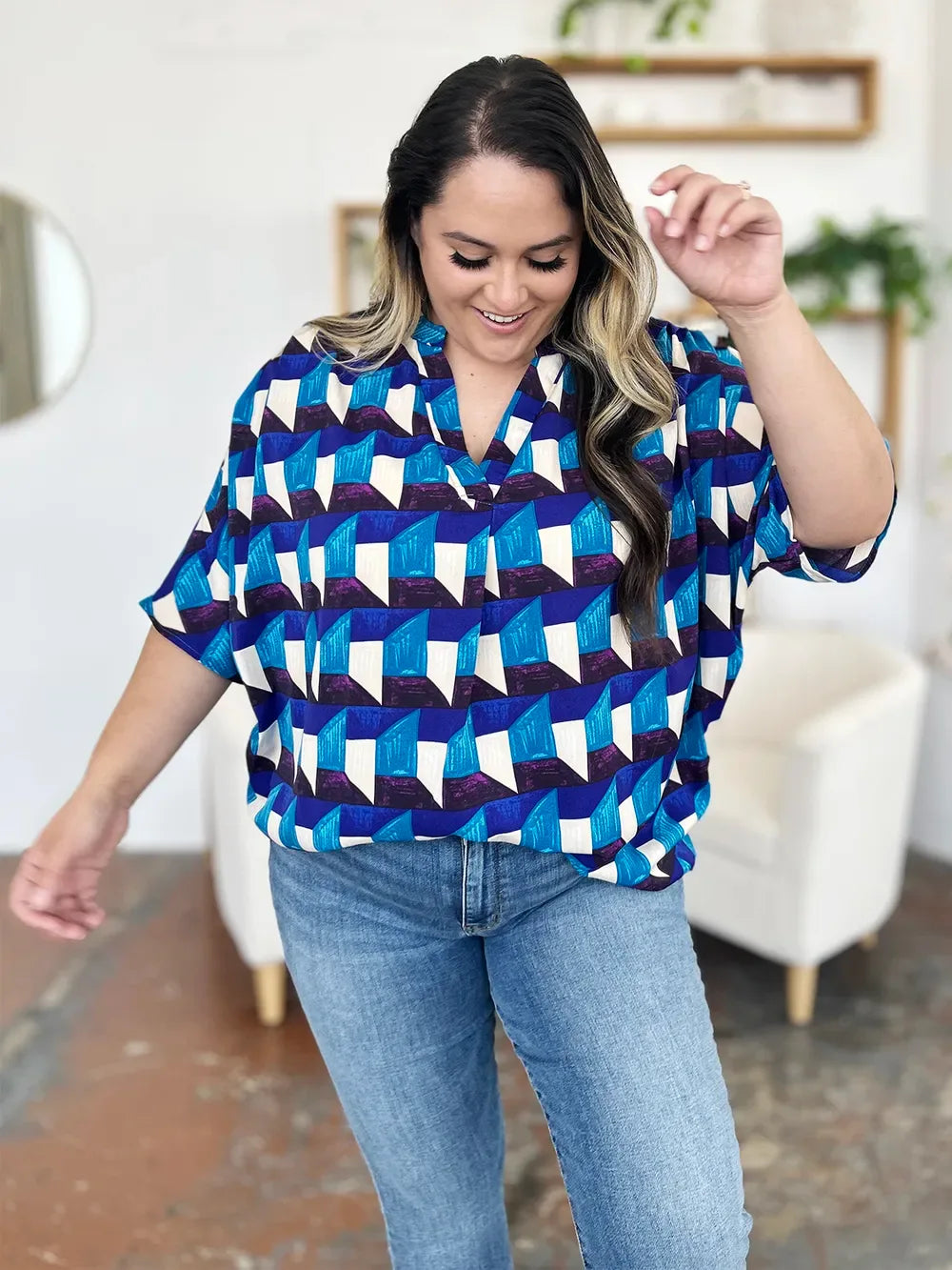 Full Size Geometric Notched Half Sleeve Blouse - Billien