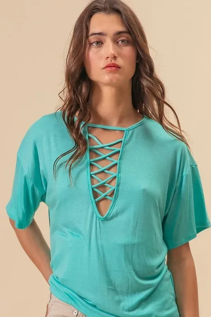 Jersey Knit Top with Criss Cross Front Neck Detail - Billien