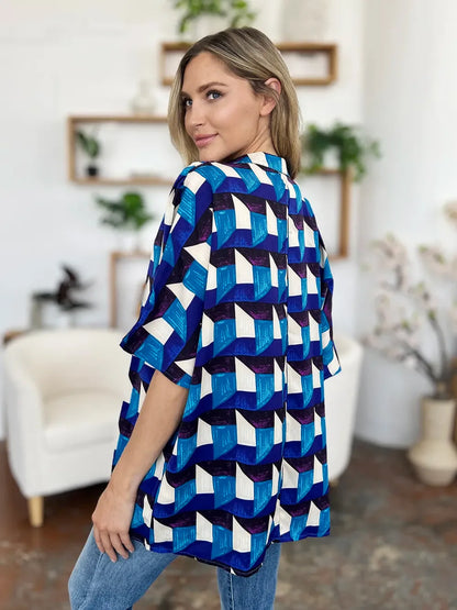 Full Size Geometric Notched Half Sleeve Blouse - Billien
