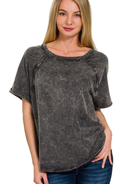 Back Patch Crinkle Washed Raglan Sleeve T-Shirts - Billien