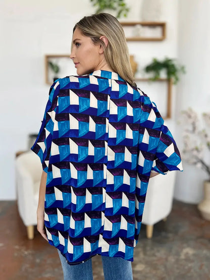 Full Size Geometric Notched Half Sleeve Blouse - Billien