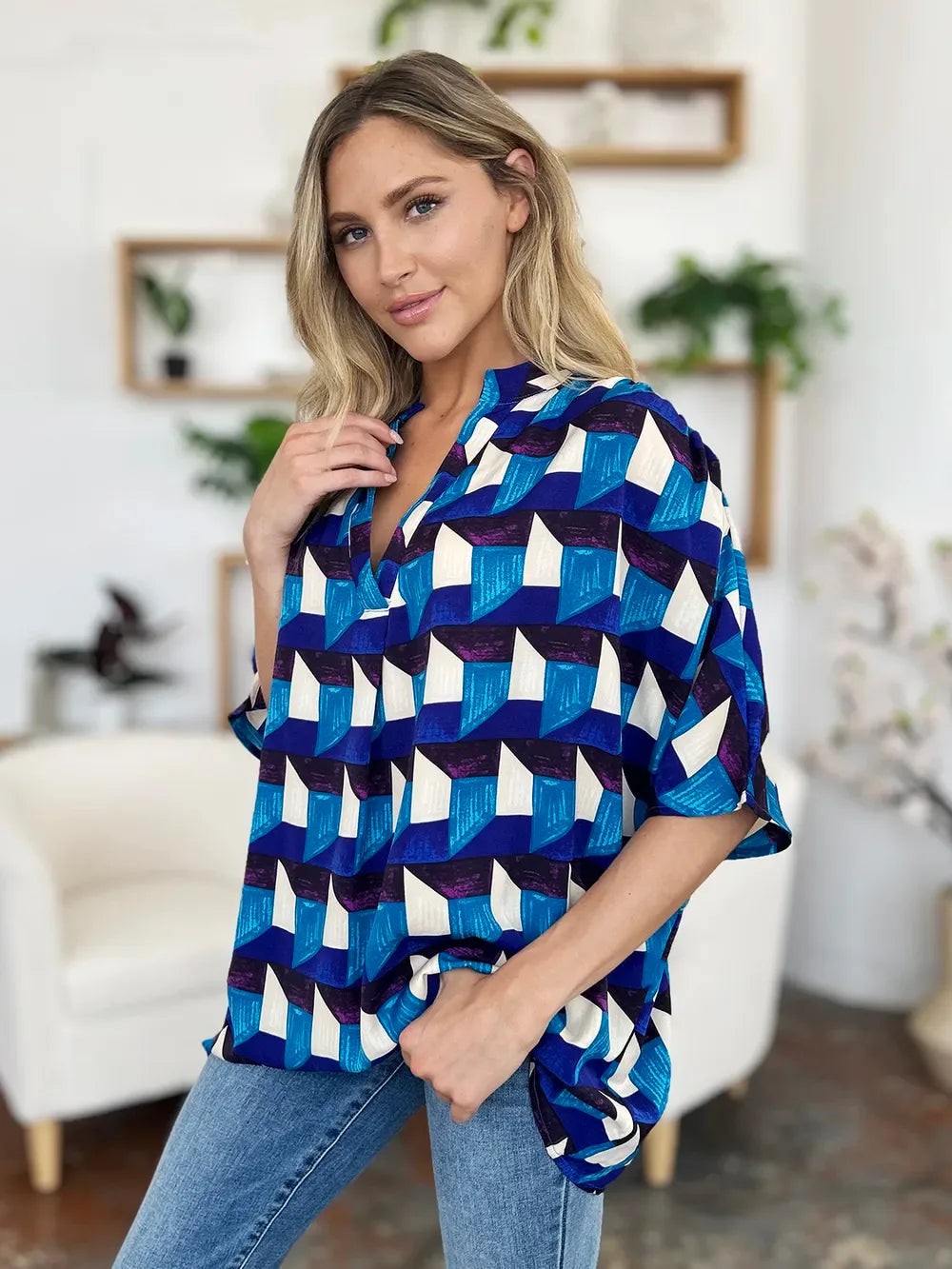 Full Size Geometric Notched Half Sleeve Blouse - Billien