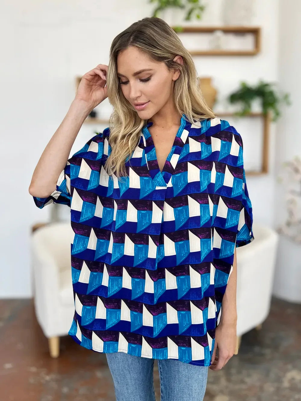Full Size Geometric Notched Half Sleeve Blouse - Billien