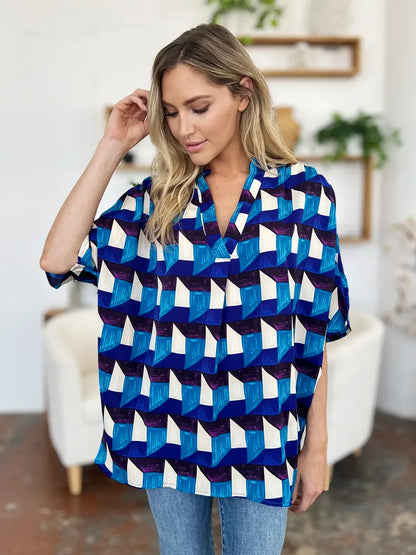 Full Size Geometric Notched Half Sleeve Blouse - Billien
