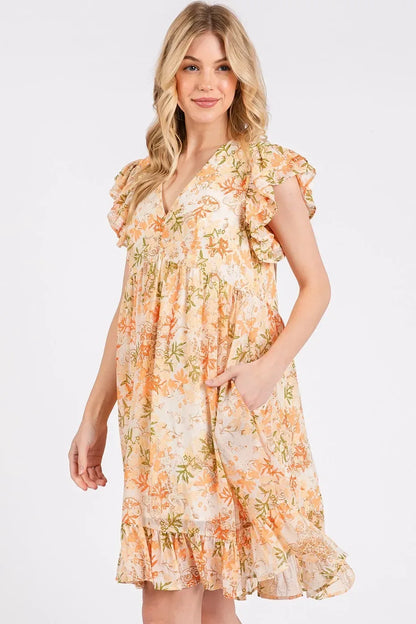 Floral Chiffon Ruffle Short Sleeve Mini Dress - Billien