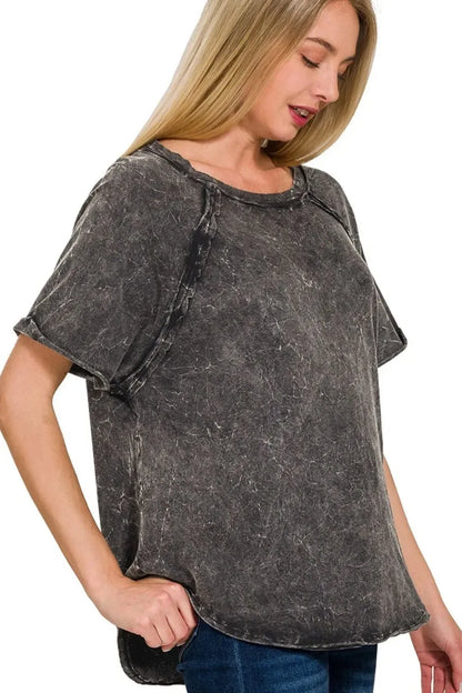 Back Patch Crinkle Washed Raglan Sleeve T-Shirts - Billien