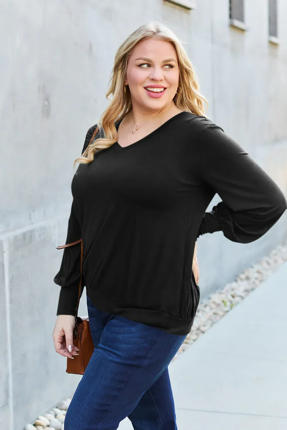 Full Size V-Neck Lantern Sleeve Top - Billien