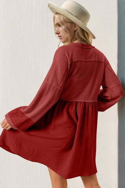 Waffle-Knit Contrast Half Button V-Neck Long Sleeve Mini Dress - Billien