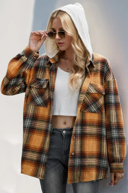 Drawstring Plaid Long Sleeve Hooded Shacket - Billien