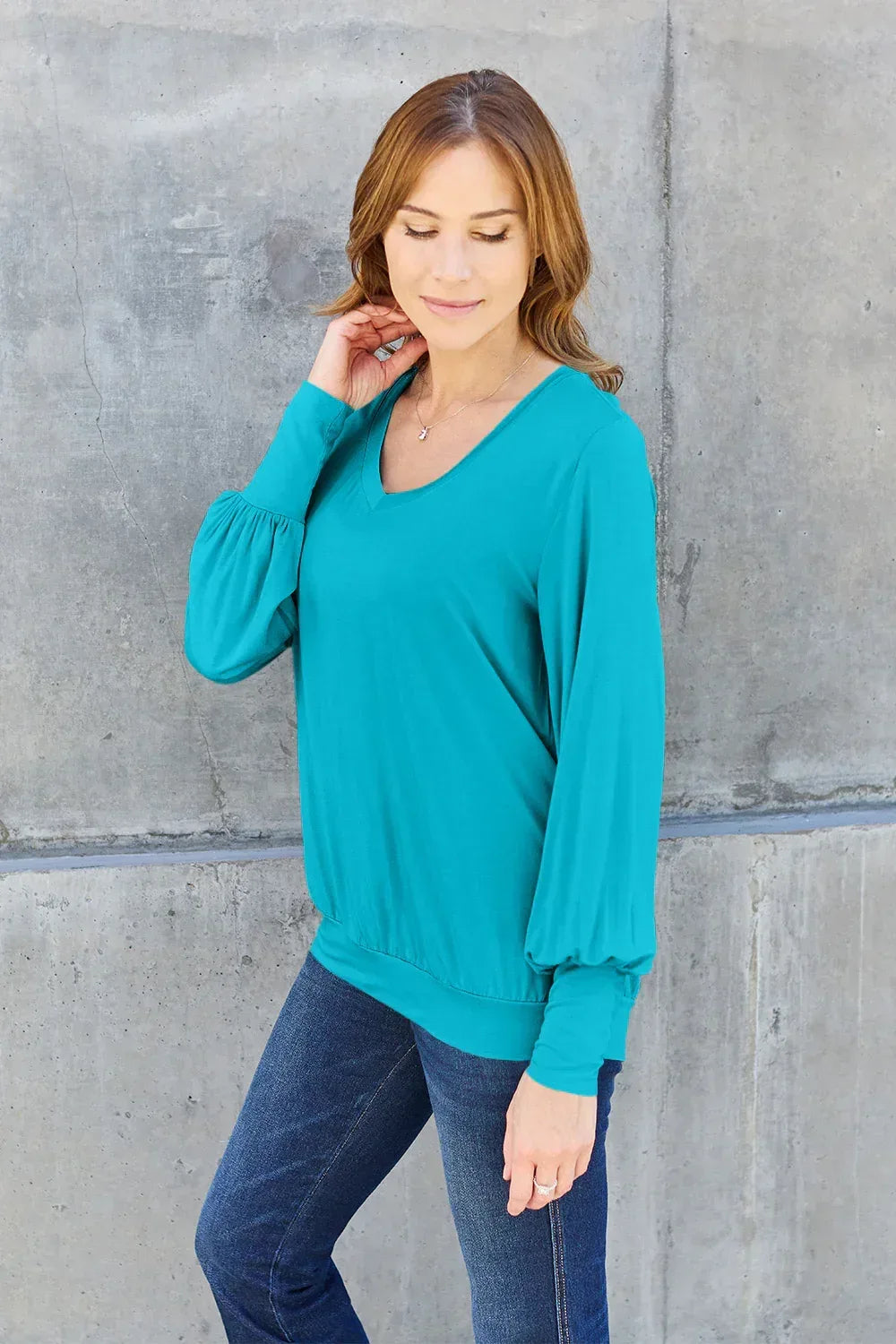 Full Size V-Neck Lantern Sleeve Top - Billien