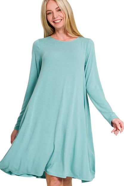 Long Sleeve Flare Dress With Pockets - Billien