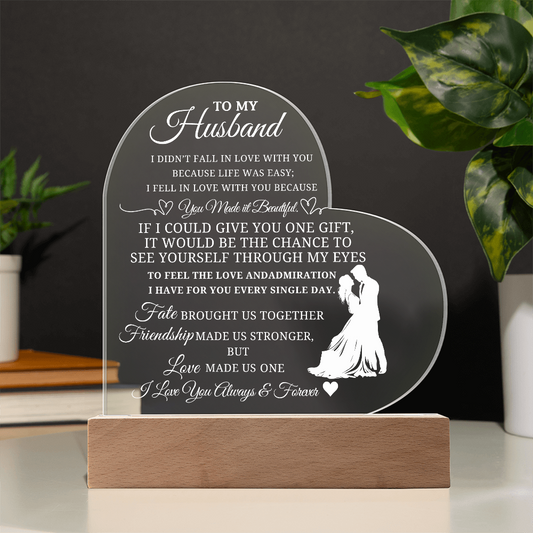 Best Gift For Husband. Printed Heart Acrylic Plaque With Led Light Base