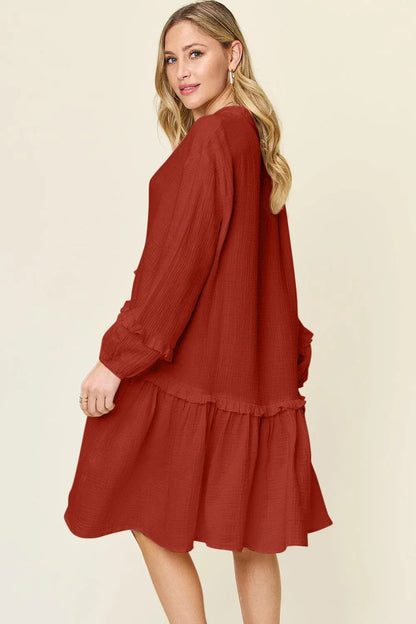 Texture Half Button Ruffle Trim Dress - Billien