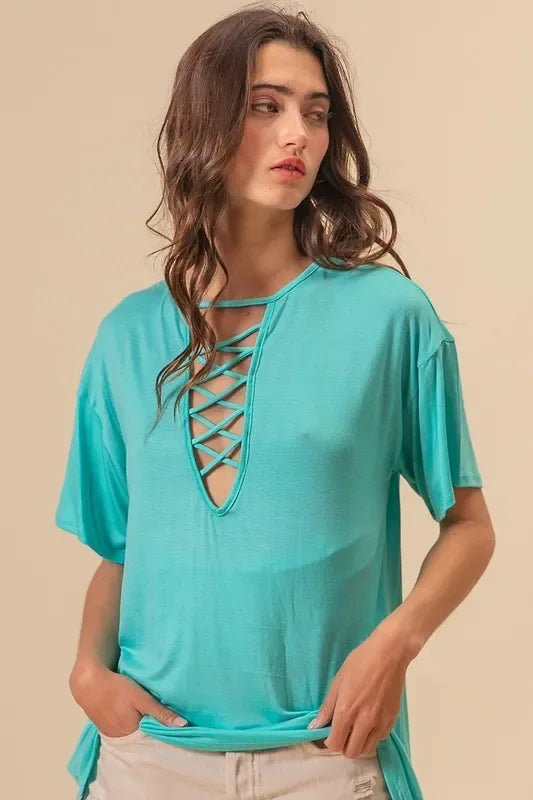 Jersey Knit Top with Criss Cross Front Neck Detail - Billien