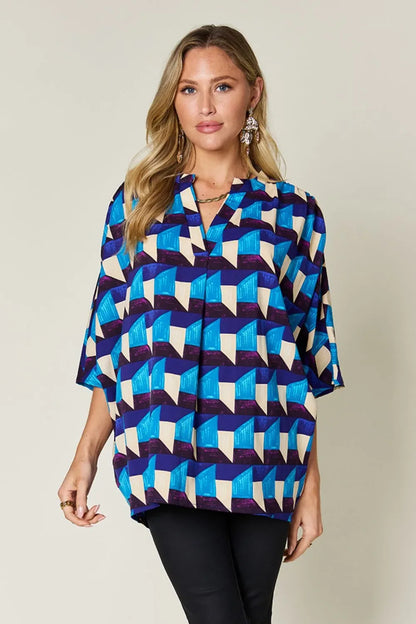 Full Size Geometric Notched Half Sleeve Blouse - Billien