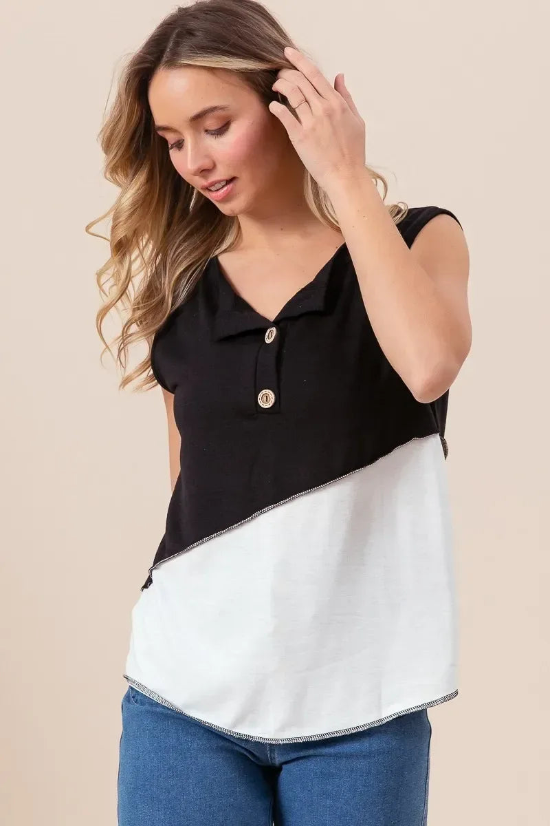 Color Block Contrast Stitching Buttoned Henley Top - Billien