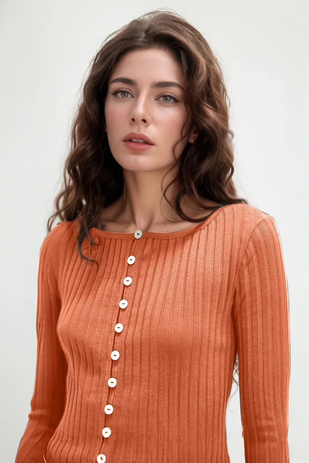 Texture Button Up Round Neck Long Sleeve Top - Billien