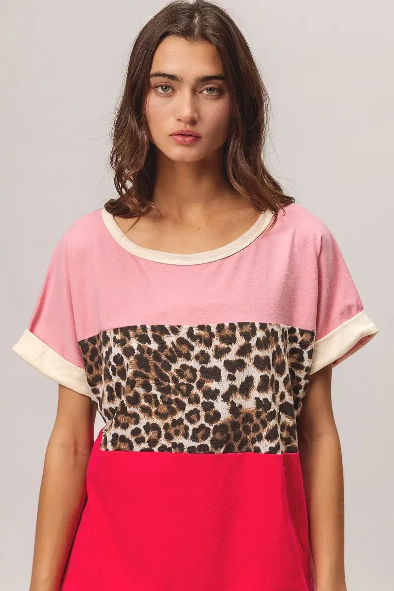 Leopard Printed Jersey Color Block Roll Up - Billien
